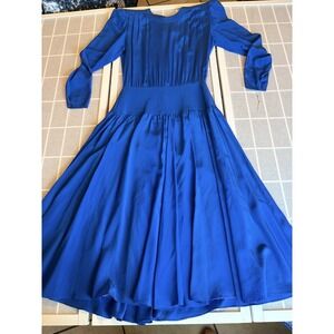 Vintage 80s Argenti 100% Silk Blue Prairie Dress Smocked Waist Flowy Skirt *Mint